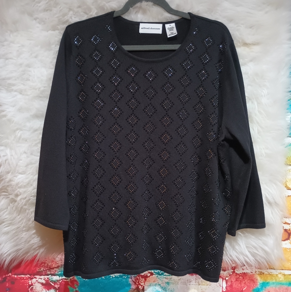 Alfred Dunner Black Diamond Beaded Long Sleeve Sweater Size XL